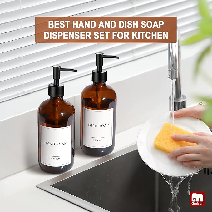 GMISUN Amber Glass Soap Dispenser, 2 Pack Bathroom Hand Soap Dispensers with Stainless Steel Pump, 17 Fl Oz Kitchen Hand and Dish Soap Dispenser Set, Modern Vintage Liquid Brown Soap Dispensers Bottle - Image 6