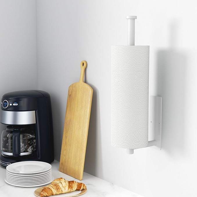 Paper Towel Holder - Self-Adhesive or Drilling, White, Wall Mounted, SUS304 Stainless Steel Kitchen Roll Dispenser Under Cabinet - Image 2
