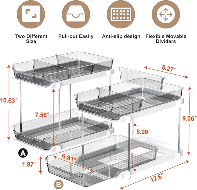 Delamu 2-Tier Multi-Purpose Bathroom Under Sink Organizers and Storage, Stackable Kitchen Pantry Organization, Pull Out Medicine Cabinet Organizer with Movable Dividers, Grey, 2 Pack - Image 2