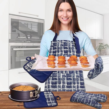 Alselo Oven Mitts and Pot Holders with Cooking Apron,Set of 5 Heat Resistant Kitchen Gloves and Silicone Non-Slip Potholders Adjustable Neck Buckle Chef Apron, Cotton Nice Design for Cooking (Navy)