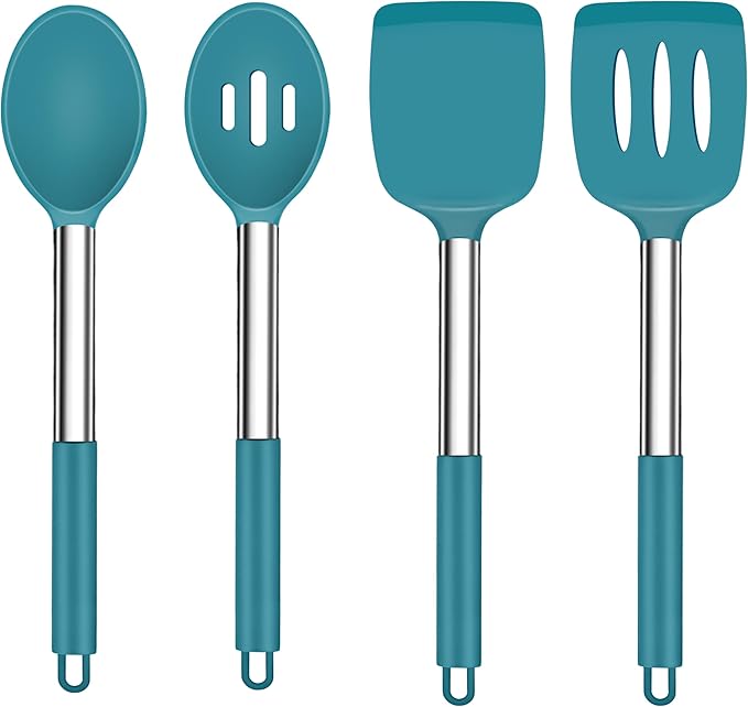 TeamFar Cooking Utensils Set, 4PCS Heatproof Silicone Utensil Kitchen Tools with Stainless Steel Handle, for Non-stick Cookware Flipping Frying Draining, Nontoxic & Non scratch, Easy Clean - Navy Blue by TeamFar