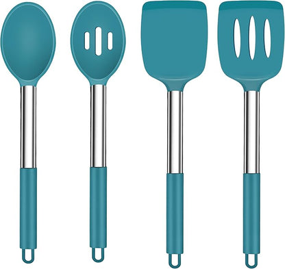TeamFar Cooking Utensils Set, 4PCS Heatproof Silicone Utensil Kitchen Tools with Stainless Steel Handle, for Non-stick Cookware Flipping Frying Draining, Nontoxic & Non scratch, Easy Clean - Navy Blue by TeamFar