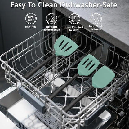Coukre Silicone Kitchen Cooking Utensils Set with Holder – Heat-Resistant, Food-Grade Kitchen Tools, Spatula, Spoon & Gadgets for Non-Stick Pans, Dishwasher Safe (14, AquaGreen) - Image 5