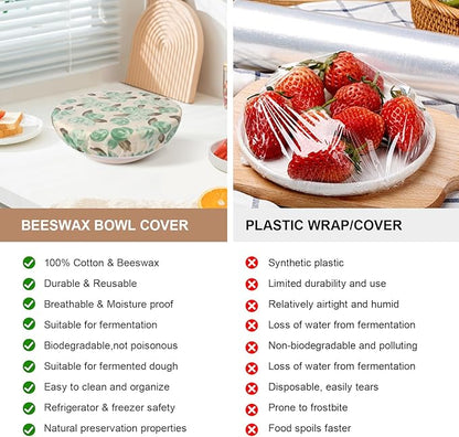 Reusable Bowl Covers for Bread Proofing - Beeswax Bowl Covers Reusable 3 Set, Cotton Blend Stretch Design, Fits 4-13 Inch Bowls, Shower Caps for Sourdough Bread, Dough Proofing & Food Storage（Roses）