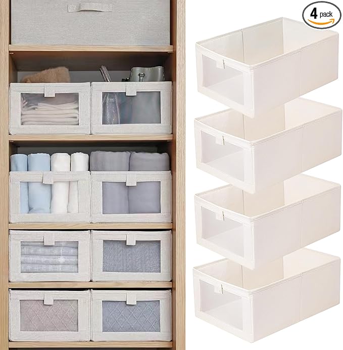 Pradnel Linen Closet Organizers And Storage, 4 Pack Storage Bins Baskets for Organization Foldable Organizer with Clear Window Organizing Clothing, Jeans, Shelves by Pradnel