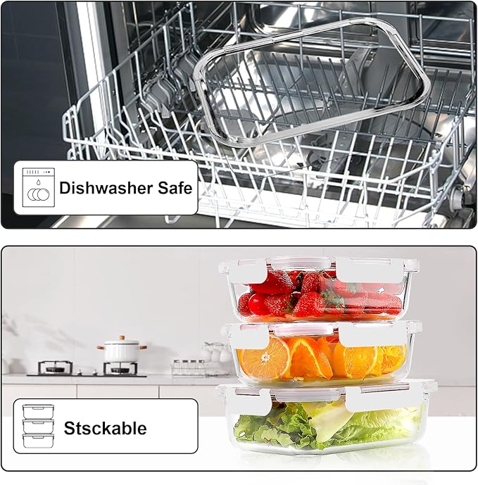 VERONES 10Pack Glass Meal Prep Containers, Airtight Glass Lunch Containers,Stackable Food Storage Containers Set with Lids,Exclusive of BPA, for Microwave,Oven, Freezer&Dishwasher Friendly,White - Image 5