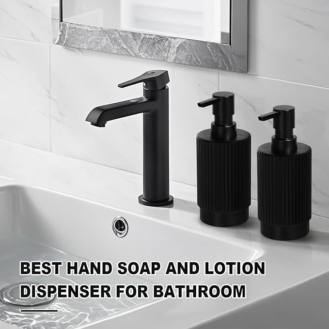 VIMERPA Hand and Dish Soap Dispenser Set for Kitchen, 2 Pack 11 fl oz Matte Black Ribbed Glass Soap and Lotion Dispensers Sets with Pump for Bathroom, Modern Refillable Liquid Soap Pump Bottle