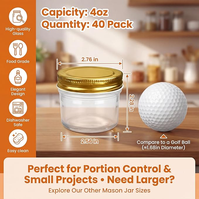 QAPPDA 4oz Glass Jars With Lids,Small Mason Jars Wide Mouth,Mini Canning Jars With Gold Lids For Honey,Jam,Jelly,Wedding Favor,Shower Favors,Spice Jars For Kitchen Storage & Home,Set of 40 - Image 2
