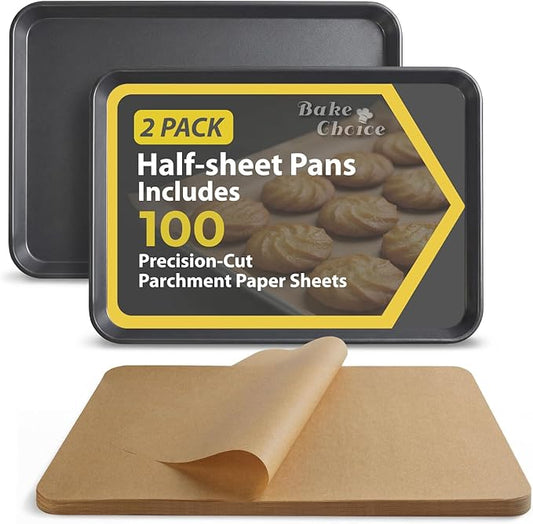 Bake Choice 2 Pack Half Sheet Pans 18x13 In with 100 Pcs Parchment Paper, Heavy Duty Carbon Steel, Warp Resistant Nonstick Baking Sheet, Commercial Grade Cookie Sheets for Oven Baking Roasting by BakeChoice