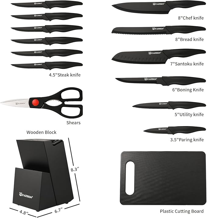 16 Pieces Kitchen Knife Block Set with Cutting Board, German Stainless Steel Knife Set with Sharpener, Dishwasher Safe, Anti-Slip Handle, 6 Steak Knives, Black - Image 2