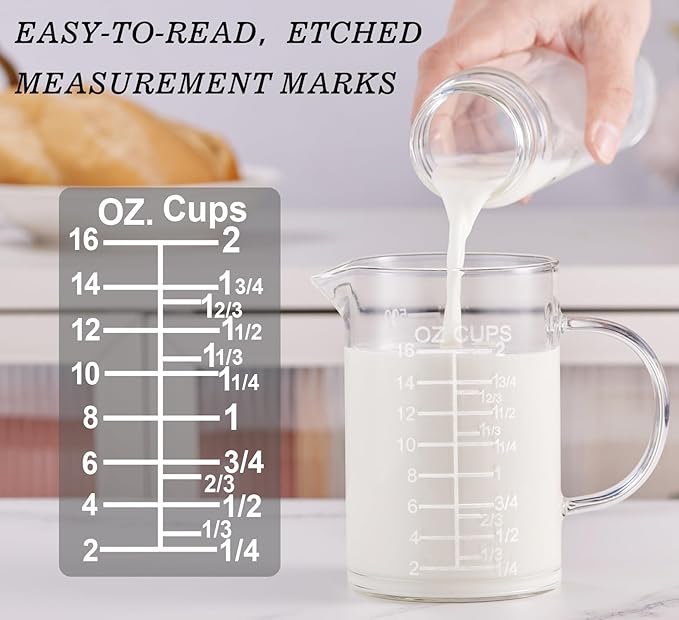 Ackers Etched Graduated Glass Measuring Cup - [Insulated Handle | V-Shaped Spout] - High Borosilicate Glass Measuring Cup for Kitchen or Dining, Easy to Read, 500 ML (16 Oz, 2 Cup) - Image 4