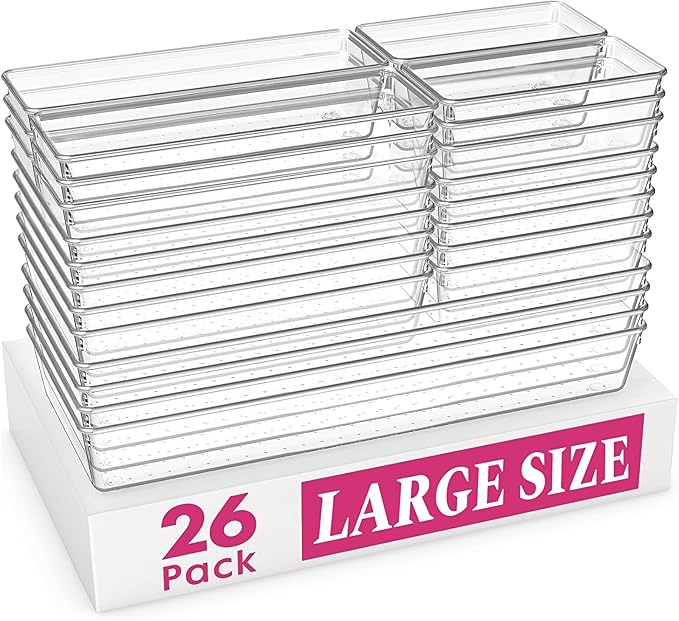 Criusia Large Drawer Organizer Bins 26 Pack | Complete 5 Size Clear Plastic Kitchen Drawer Organizers for Utensils | Bathroom Drawer Organizer Trays | Versatile for Makeup Office Organization by Criusia