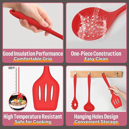 Silicone Kitchen Utensils Set, E-far 23 Pcs Red Cooking Utensils Tools with Holder for Nonstick Cookware, Include Spatula/Spoon/Ladle/Tongs/Turner, Heat Resistant & Nontoxic, Dishwasher Safe - Image 2
