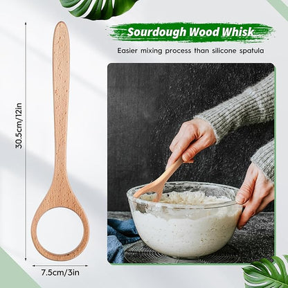 FoldTier 12 Inch Wooden Danish Dough Whisk Sourdough Whisk Dough Mixer Bread Whisking Tool for Mixing Sourdough Bread Baking Supplies for Pastries, Egg, Pizza(2 Pcs)