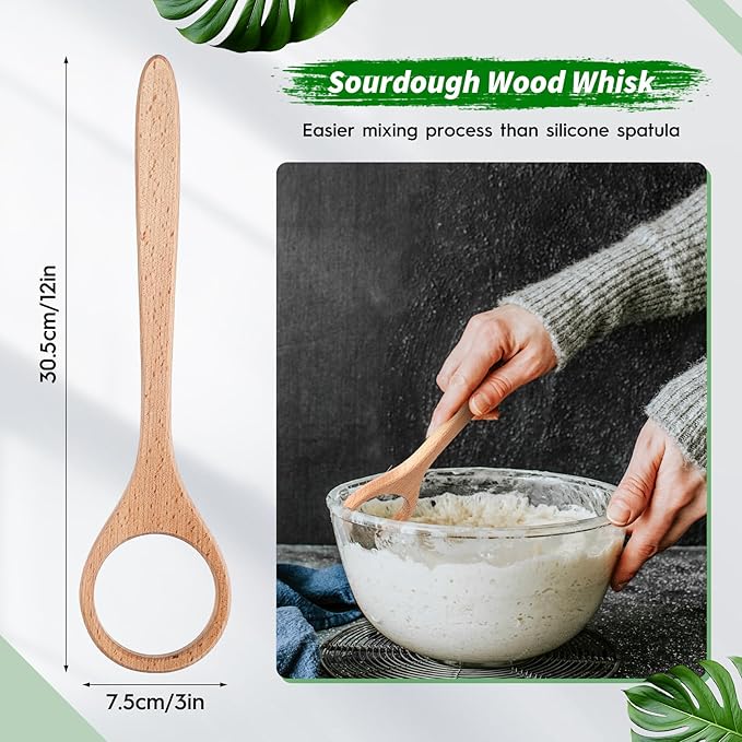 FoldTier 12 Inch Wooden Danish Dough Whisk Sourdough Whisk Dough Mixer Bread Whisking Tool for Mixing Sourdough Bread Baking Supplies for Pastries, Egg, Pizza(1 Pcs)