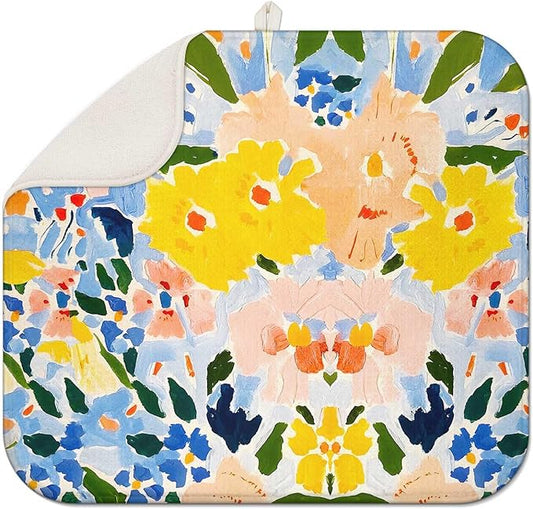 Blue and Yellow Floral Large Dish Drying Mats, Reversible Dish Drying Pads for Kitchen Counter Foldable and Stored in a Drawer,18"x24" Extra Large Draining Mat Protect for Kitchen,Bar Counter by Scritism