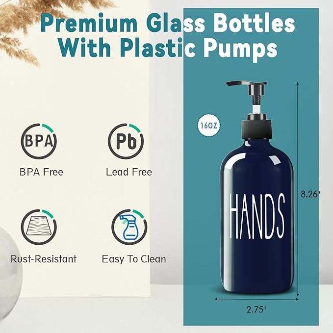 COHOSEGE Glass Soap Dispenser Set 2 Pack,16 Oz Dish Soap Dispenser for Kitchen Sink,Blue Kitchen Accessories and Kitchen Decor,Blue Decorations and Kitchen Utensils for Kitchen - Image 3