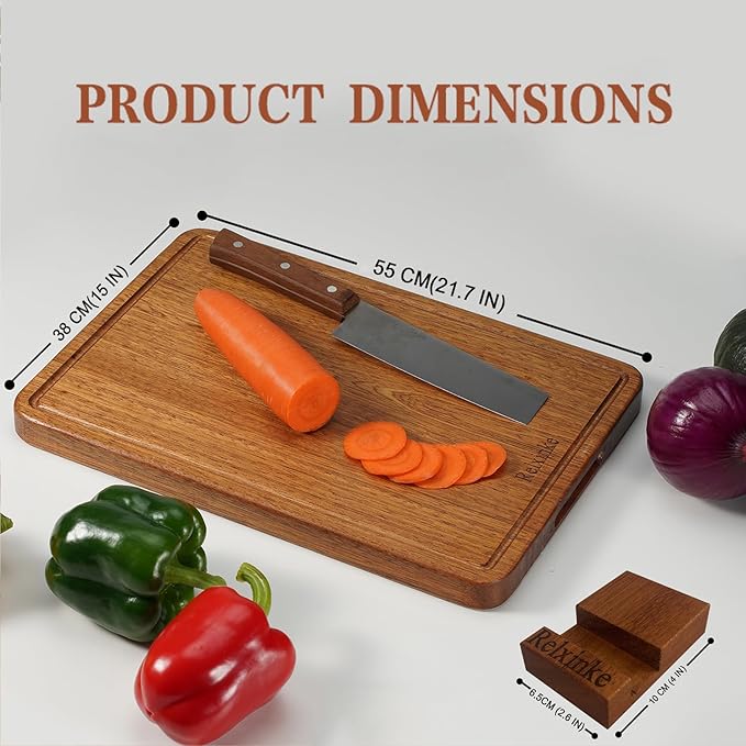 Solid Teak Wood Cutting Board One Piece Non Glued Extra Large Thick Crack Resistant Wooden Chopping Board with DeepJuice Grooves Built in Handles for Kitchen Meat Vegetable 21.7x15 IN