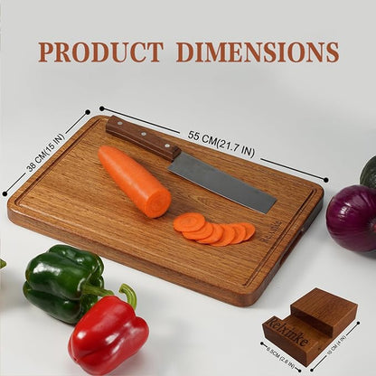 Solid Teak Wood Cutting Board One Piece Non Glued Extra Large Thick Crack Resistant Wooden Chopping Board with DeepJuice Grooves Built in Handles for Kitchen Meat Vegetable 21.7x15 IN