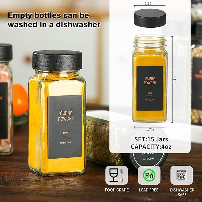 Spice Jars with Label，4oz Glass Spice Bottles With Shaker Lids，Seasoning Containers with Funnel, Chalk Pen for Cabinet，Drawer，Rack (Black, 36) - Image 3