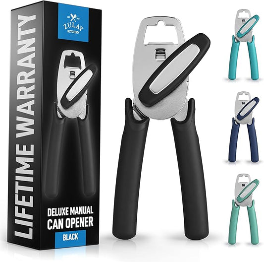 Zulay Kitchen Heavy Duty Stainless Steel Manual Can Opener – Ergonomic Soft Grip Handles, Smooth Edge Cutting Wheel & Large Built In Bottle Opener – Easy Turn Knob for Effortless Use - Black by ZulayKitchen