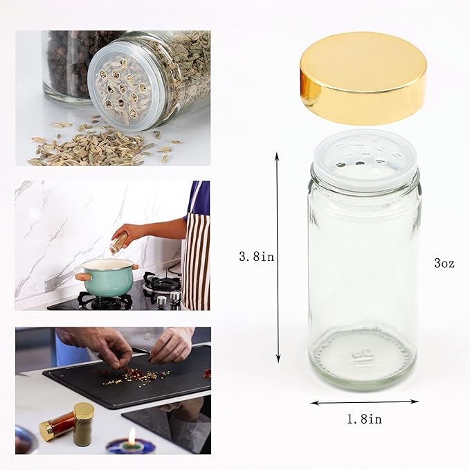 Tianifa 2pcs Gold Spice Jars, 3 oz Glass Seasoning Bottles, Spices Container, Empty Spice Jars, Round Spice Bottles with Airtight Plastic Caps with Shaker Lids (2, gold) - Image 2