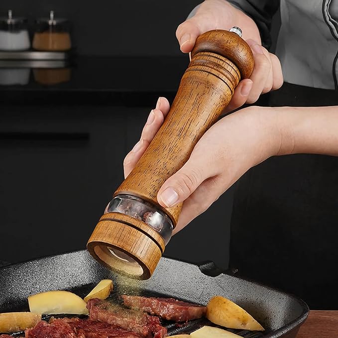 2-Piece Salt and Pepper Grinder Set with Wood Tray, 8 Inch Wooden Salt and Pepper Mills with Adjustable Coarseness, Refillable Manual Pepper Mill Grinder for Home Cooks (Brown)