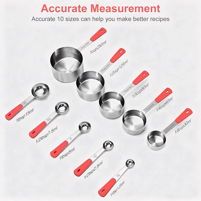 Bopei Measuring Cups and Spoons Set Stainless Steel 10 Piece for Cooking and Baking (5 Cups + 5 Spoons, Red Handle) - Image 2