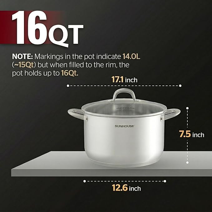 SUNHOUSE Stainless Steel Stock Pot - 16 Quart Heavy-Duty Induction Cooking Pot with Visible Lid for Pasta, Soup, Spaghetti - Nonstick Thick-Bottom Deep Stockpot for Canning, Boiling, and Simmering - Image 2