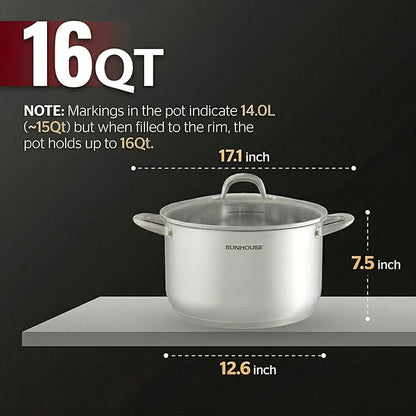 SUNHOUSE Stainless Steel Stock Pot - 16 Quart Heavy-Duty Induction Cooking Pot with Visible Lid for Pasta, Soup, Spaghetti - Nonstick Thick-Bottom Deep Stockpot for Canning, Boiling, and Simmering - Image 2