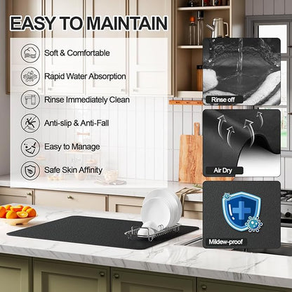 Ecotrim - Dish Drying Mat for Kitchen Counter | Coffee Bar Mat for Countertops | Heat Resistant Drainer Mat with Non-slip Rubber Backed | Hide Stain Kitchen Absorbent Draining Mat | Black 16"x20" - Image 3