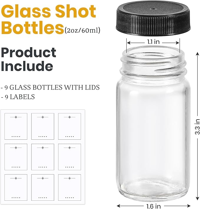 9 Pack, 2 oz Glass Shot Bottles w/ Black Lids & 9 Labels - Small Clear Jar for Ginger, Wellness Shot, Juice, Sample, Whiskey - Travel Essentials Mini Bottles - Wide Mouth, Leakproof, Dishwasher Safe - Image 2