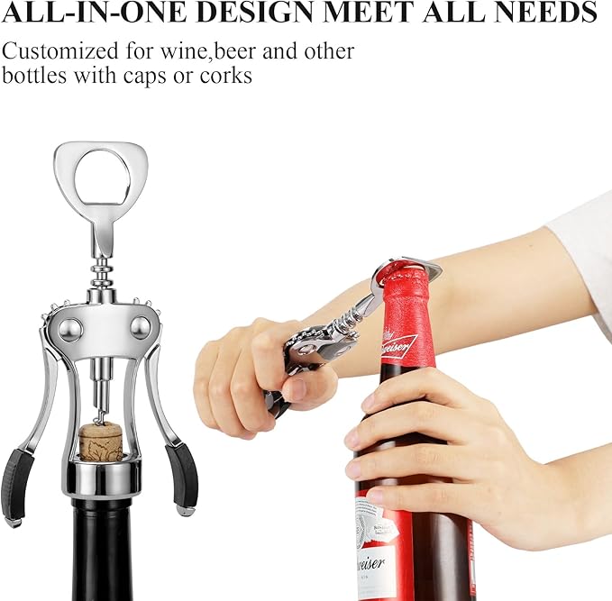 Wine Opener with Stopper, Cutter - Wine Bottle Opener Bundle, Zinc Alloy Wing Corkscrew Heavy Duty, Cork Screw Beer Opener for Bartenders, Multifunctional Bottle Opener for Kitchen, Restaurant, Bar - Image 4
