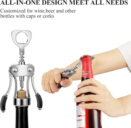 KORCCI Wine Opener, Heavy-Duty Zinc Alloy Wing Corkscrew, Premium Beer Bottle Opener, Multifunctional Wine Accessories with Ergonomic Handle and Sharp Screw, for Kitchen, Bar, Restaurant (2PCS) - Image 5