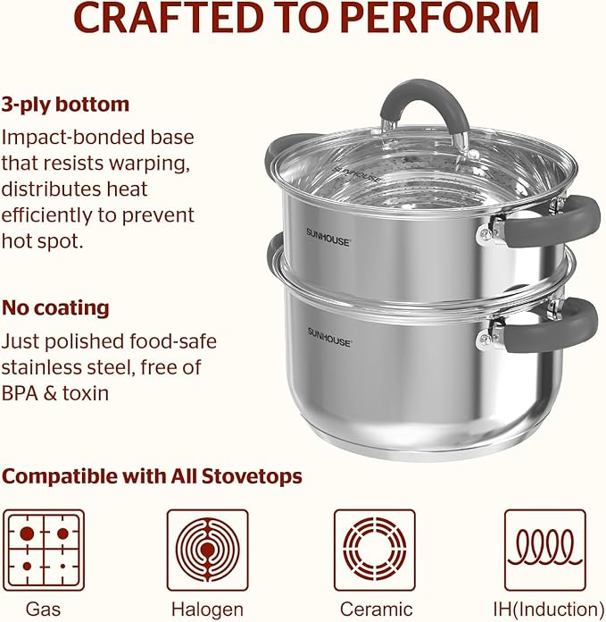 SUNHOUSE 3 Quarts Steamer Pots With Lid, 2-Tier Multipurpose Stainless Steel Steaming Pot Cookware With Stay-Cool Handles, Tri-ply Bottom, Compatible with All Cooktops - Image 3