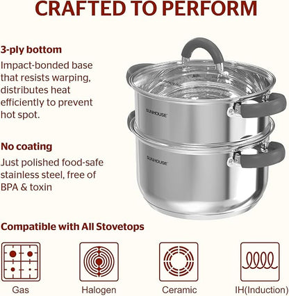 SUNHOUSE 3 Quarts Steamer Pots With Lid, 2-Tier Multipurpose Stainless Steel Steaming Pot Cookware With Stay-Cool Handles, Tri-ply Bottom, Compatible with All Cooktops - Image 3