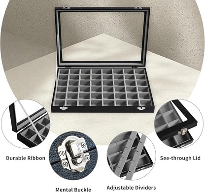 Stratalife Jewelry Organizer 48 Grid Jewelry Tray with Clear Lid Dust-proof Velvet Earring Organizer Necklace Rings Holder Display Drawer Storage Case for Women Gray Black