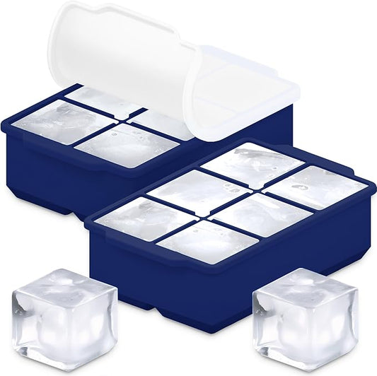 KitchFort Large Silicone Ice Cube Tray (2-Pack), Easy Release 2" Big Ice Cubes - Cocktail, Whiskey Ice Cubes Mold - Ice Trays for Freezer with Lid - Stackable Silicone Ice Tray - Navy Blue by KitchFort