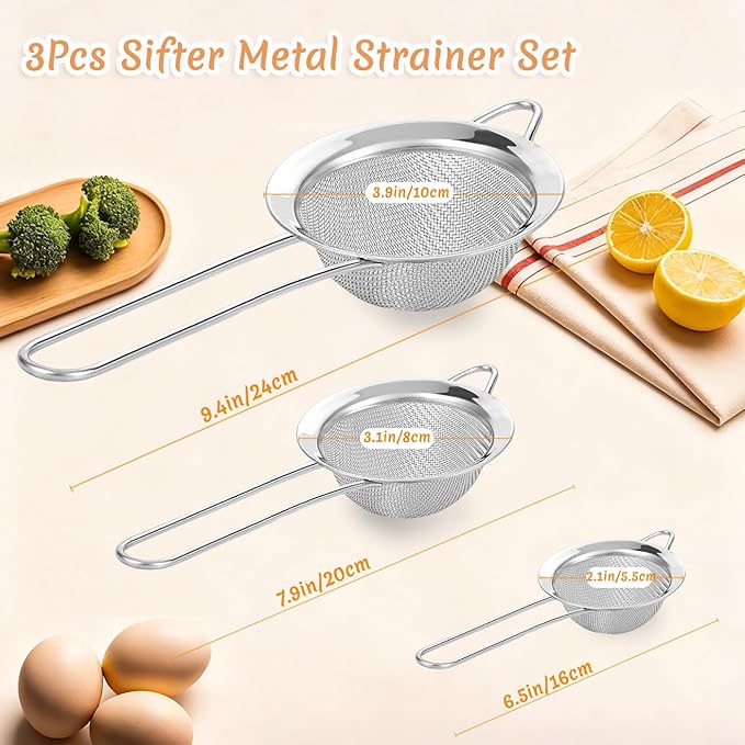 3Pcs Fine Mesh Strainer with Handle, Small Medium Large Size Sieve Strainers Set, Stainless Steel Sifter Colander for Kitchen Baking Juice Quinoa Food Flour - Image 3