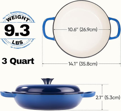 3 Quart Enameled Cast Iron Braiser, Non Stick Enameled Cast Iron Skillet with Lid, Dutch Oven Skillet with lid up to 500°F for Oven, Stove, Grill, Shallow Dutch Oven for Cook, Bake (Blue)