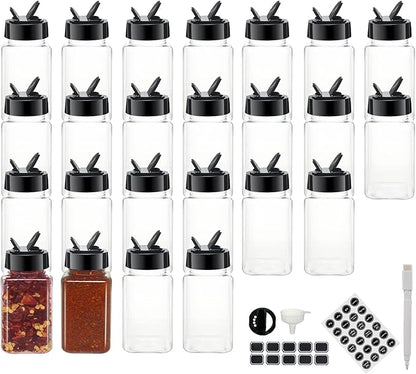 24 Pack 4oz Clear Plastic Spice Jars With Black Plastic Lids, Square Spice Bottles, Seasoning Containers with Chalk Labels, Pen, Funnel, Spice Containers For Kitchen Cabinet by BPFY