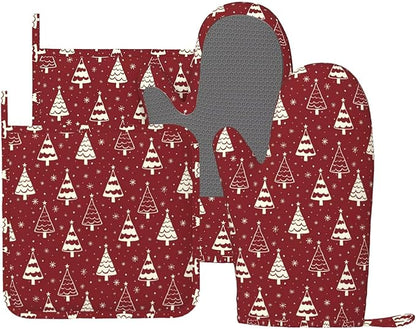 Christmas Oven Mitts and Pot Holders Set, 4pcs Silicone Christmas Tree Oven Glove for Kitchen Heat Resistant Snowflake Oven Mitts and Potholders Non-Slip for Cooking