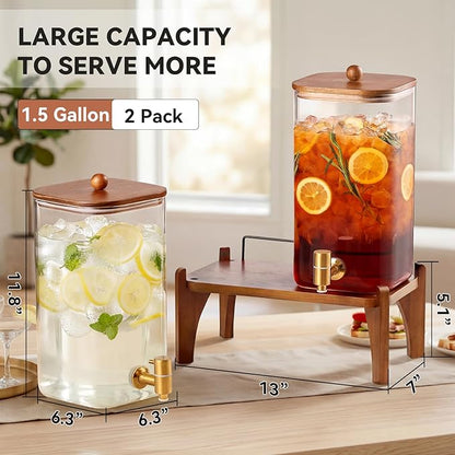 2 Pack 1.5 Gallon Square Glass Drink Dispenser with Wooden Stand & Lid, Large Beverage Dispenser with Stainless Steel Spigot, Juice & Lemonade Dispenser for Parties, Iced Tea, Water, Space-Saving - Image 2