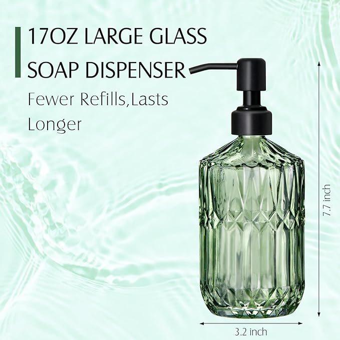 COHOSEGE 17 Oz Green Glass Kitchen Soap Dispenser for Dish Soap, 2 Pack Bathroom Soap Dispenser Set with Black Rust Proof Pump for Lotion, Hand soap or Body Wash - Image 6