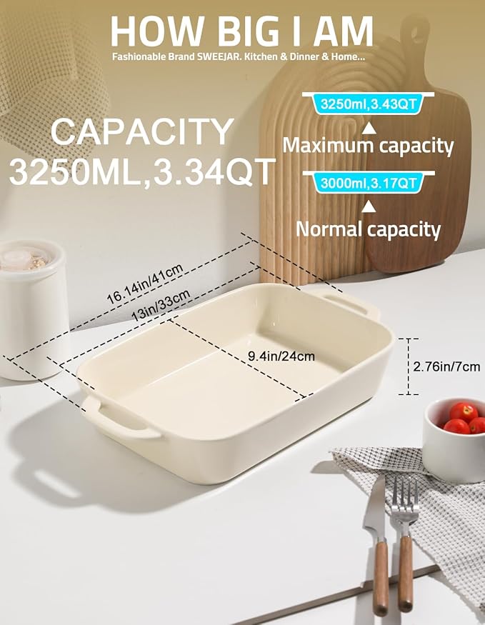 Sweejar Ceramic Bakeware Set, 9x13 Rectangular Baking Dish for Cooking, Kitchen, Cake Dinner, Banquet and Daily Use, Casserole Dishes for Oven Porcelain Baking Pans（Beige) - Image 3