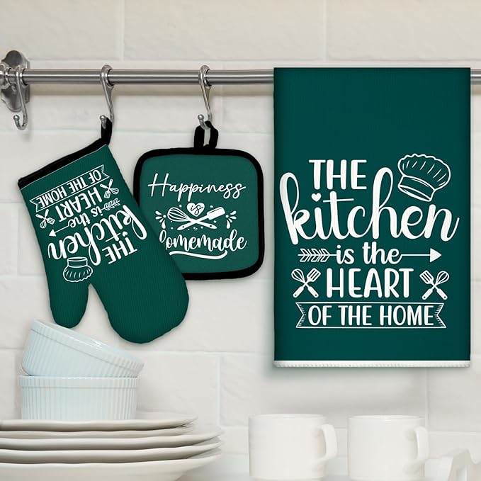 Sratte 6 Pcs Kitchen Decor Accessories Set Farmhouse Towels Pot Holders Oven Mitts Set 2 Dish Towels 2 Potholders 2 Cooking Mittens Oven Glove for Christmas Baking Cooking(Dark Green,Kitchen) - Image 2