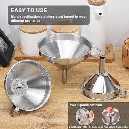 Stainless Steel Funnels for Kitchen use,5 Different Sizes of Kitchen funnels,Metal Funnel with 2 Removable Strainer,Cleaning Brush,200 Mesh Food Filter,for Transferring of Liquid,Oils,Jam