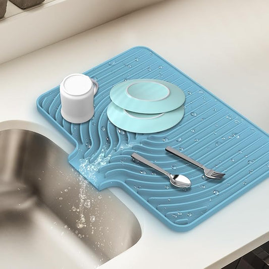 Dish Drying Mat for Kitchen Counter, with Built-in Drain Lip, Food-Grade Silicone, Easy Clean Pad for Countertop Protection, Multi-Functional Use (18x11.8, Light Blue) by JACZZO