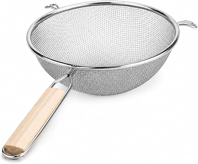 Huji 8-Inch Stainless Steel Double Mesh Food Strainer Colander - Fine Sieve Sifter with Wooden Handle for Kitchen Cooking, Pasta, Rice, Noodles, and More by HUJI