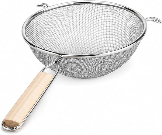 Huji 8-Inch Stainless Steel Double Mesh Food Strainer Colander - Fine Sieve Sifter with Wooden Handle for Kitchen Cooking, Pasta, Rice, Noodles, and More by HUJI